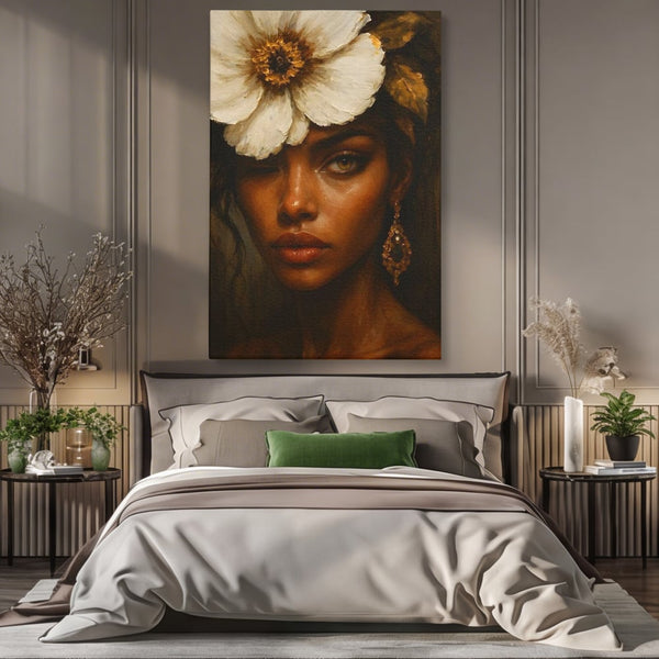 Tablou Canvas Premium, LuxCanva® G1138, Ocrotitoarea Petalelor, Zeita, Gratie, Privire, Magie, Frumusete, Misterioasa, Flori, Noblete, Contrast, Bijuterii, Birou, Living