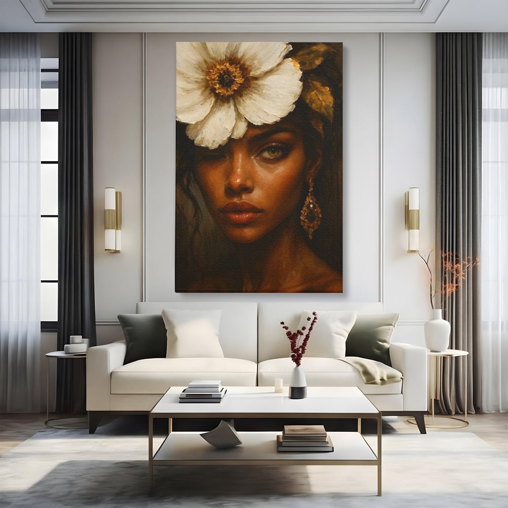 Tablou Canvas Premium, LuxCanva® G1138, Ocrotitoarea Petalelor, Zeita, Gratie, Privire, Magie, Frumusete, Misterioasa, Flori, Noblete, Contrast, Bijuterii, Birou, Living