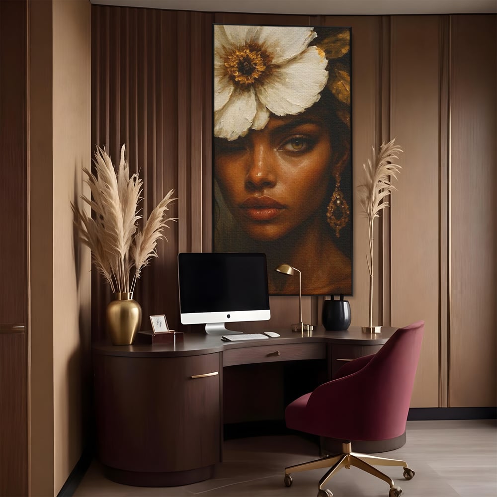 Tablou Canvas Premium, LuxCanva® G1138, Ocrotitoarea Petalelor, Zeita, Gratie, Privire, Magie, Frumusete, Misterioasa, Flori, Noblete, Contrast, Bijuterii, Birou, Living