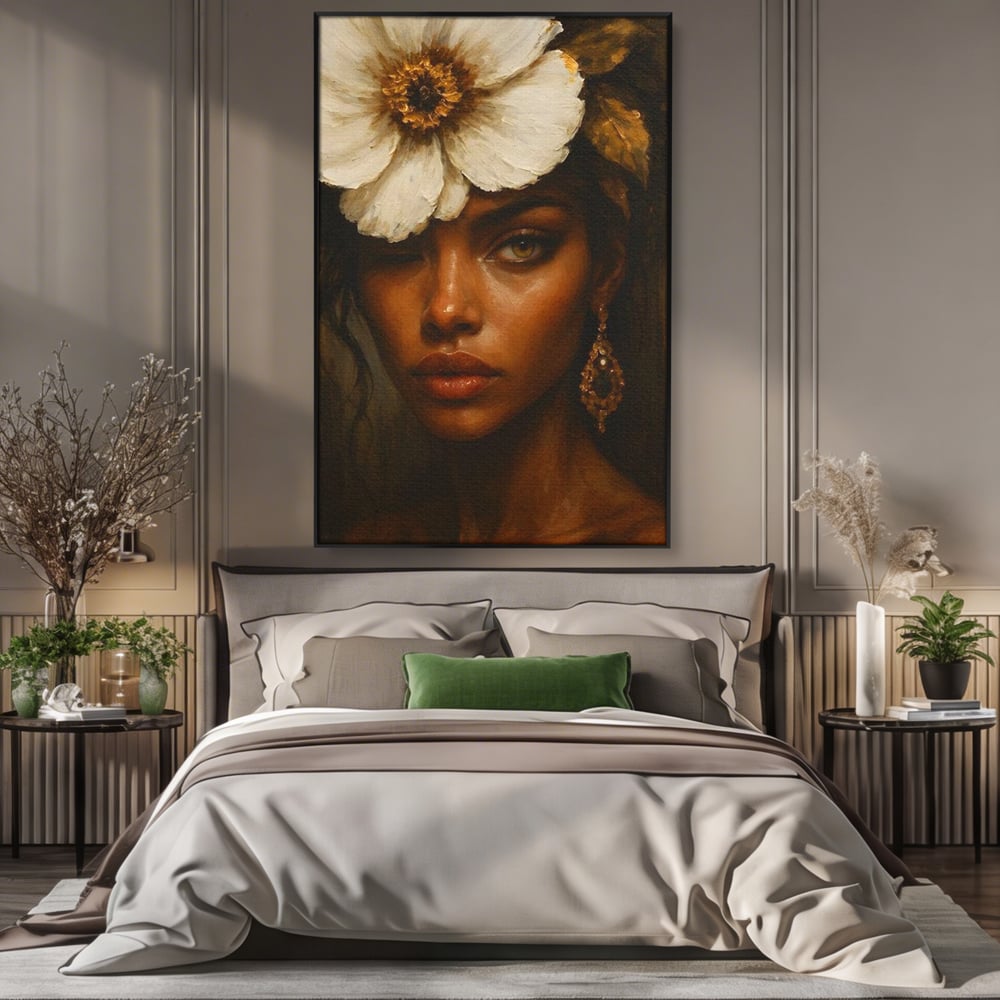 Tablou Canvas Premium, LuxCanva® G1138, Ocrotitoarea Petalelor, Zeita, Gratie, Privire, Magie, Frumusete, Misterioasa, Flori, Noblete, Contrast, Bijuterii, Birou, Living