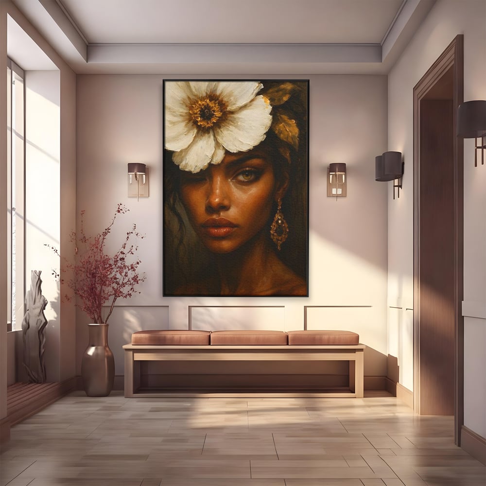 Tablou Canvas Premium, LuxCanva® G1138, Ocrotitoarea Petalelor, Zeita, Gratie, Privire, Magie, Frumusete, Misterioasa, Flori, Noblete, Contrast, Bijuterii, Birou, Living