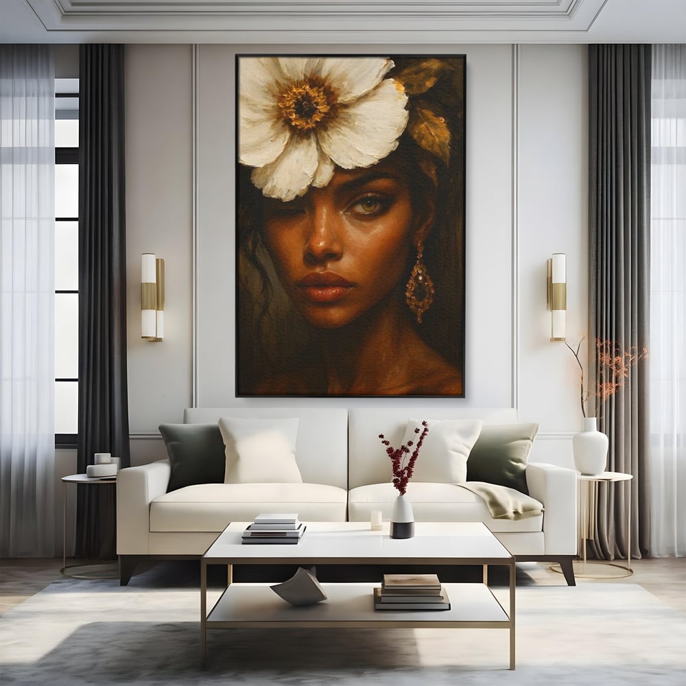 Tablou Canvas Premium, LuxCanva® G1138, Ocrotitoarea Petalelor, Zeita, Gratie, Privire, Magie, Frumusete, Misterioasa, Flori, Noblete, Contrast, Bijuterii, Birou, Living