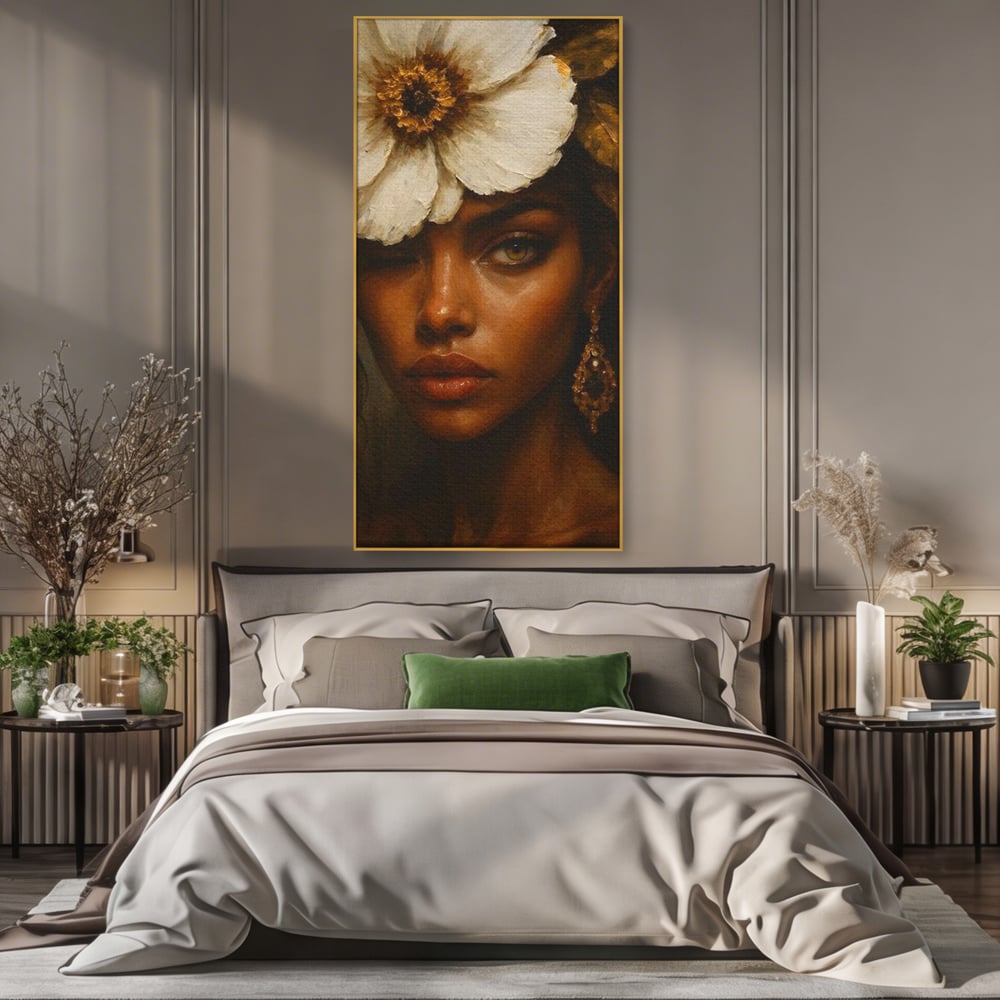 Tablou Canvas Premium, LuxCanva® G1138, Ocrotitoarea Petalelor, Zeita, Gratie, Privire, Magie, Frumusete, Misterioasa, Flori, Noblete, Contrast, Bijuterii, Birou, Living