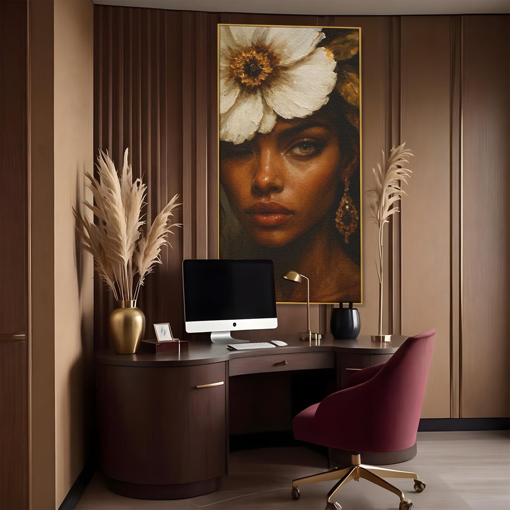 Tablou Canvas Premium, LuxCanva® G1138, Ocrotitoarea Petalelor, Zeita, Gratie, Privire, Magie, Frumusete, Misterioasa, Flori, Noblete, Contrast, Bijuterii, Birou, Living