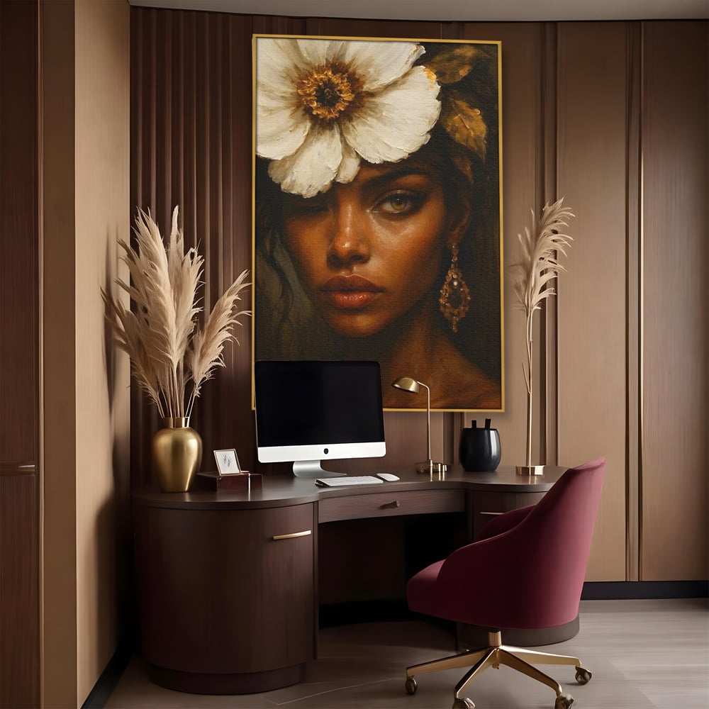 Tablou Canvas Premium, LuxCanva® G1138, Ocrotitoarea Petalelor, Zeita, Gratie, Privire, Magie, Frumusete, Misterioasa, Flori, Noblete, Contrast, Bijuterii, Birou, Living