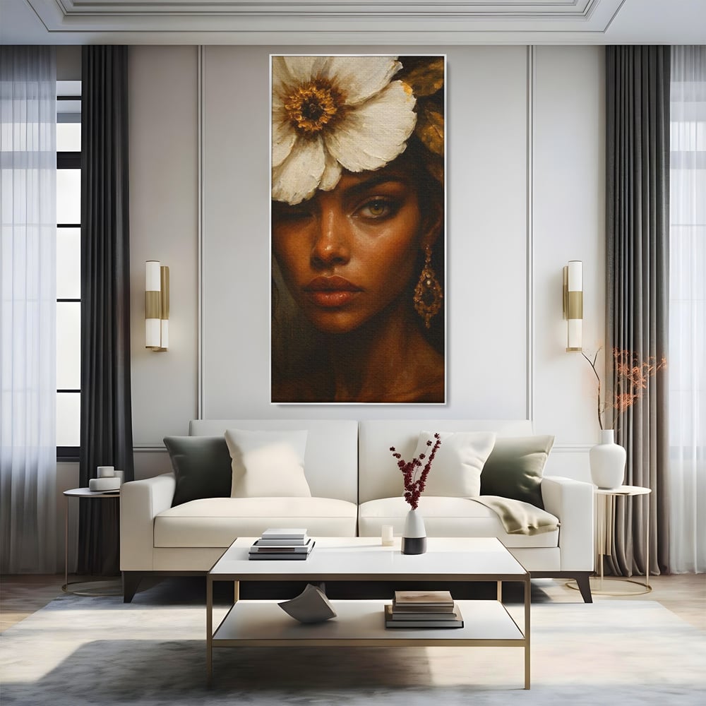 Tablou Canvas Premium, LuxCanva® G1138, Ocrotitoarea Petalelor, Zeita, Gratie, Privire, Magie, Frumusete, Misterioasa, Flori, Noblete, Contrast, Bijuterii, Birou, Living