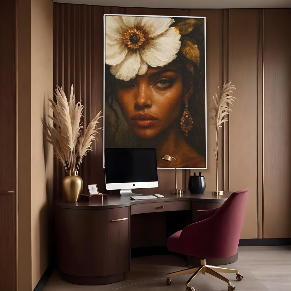 Tablou Canvas Premium, LuxCanva® G1138, Ocrotitoarea Petalelor, Zeita, Gratie, Privire, Magie, Frumusete, Misterioasa, Flori, Noblete, Contrast, Bijuterii, Birou, Living
