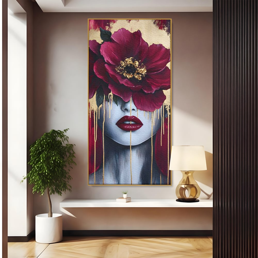 Tablou Canvas Premium, LuxCanva® G1139, Chipul Ascuns, Timiditate, Mov, Violet, Buze, Rafinament, Artistic, Lux, Pasiune, Noblete, Regina, Unicitate, Glamour, Birou, Living