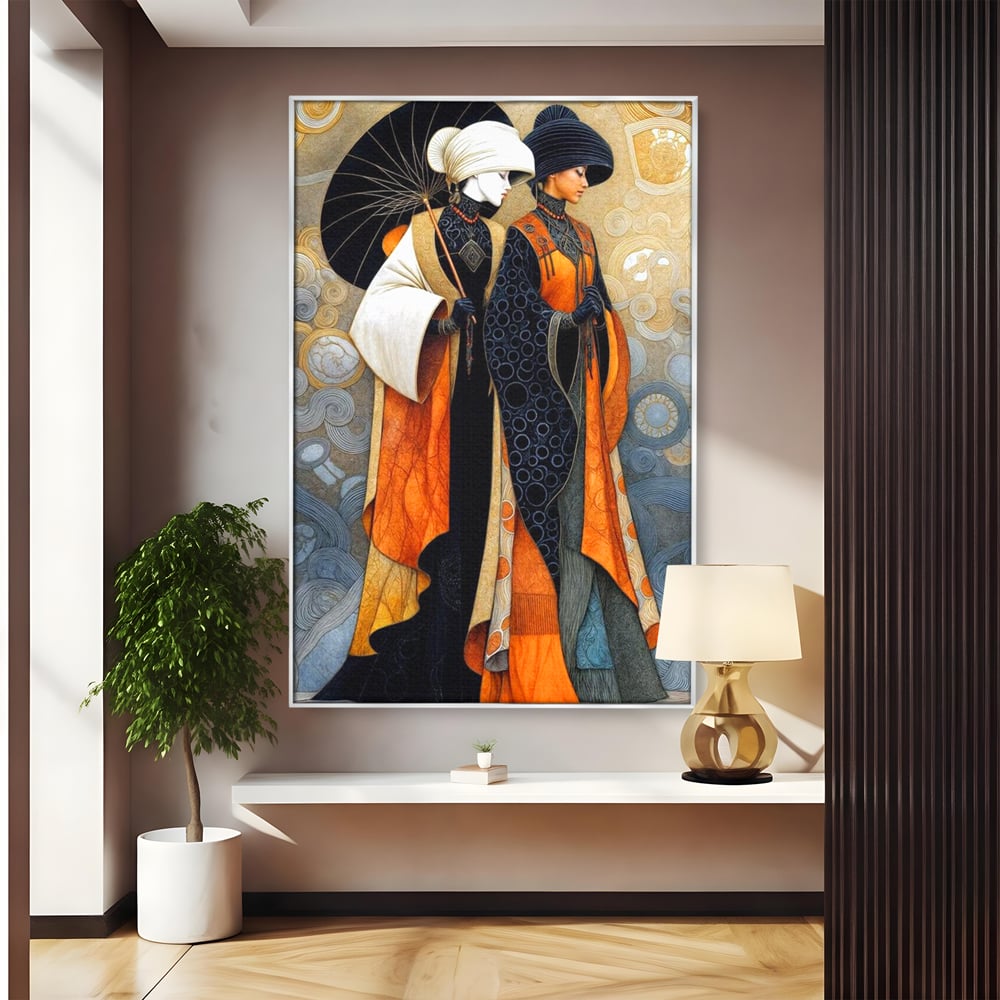 Tablou Canvas Premium, LuxCanva® G1140, Fiicele Vantului Asiatic, Arta, Decorativa, Rafinat, Costum, Traditional, Asiatic, Umbrela, Simbolism, Plimbare, Prietenie, Birou, Living