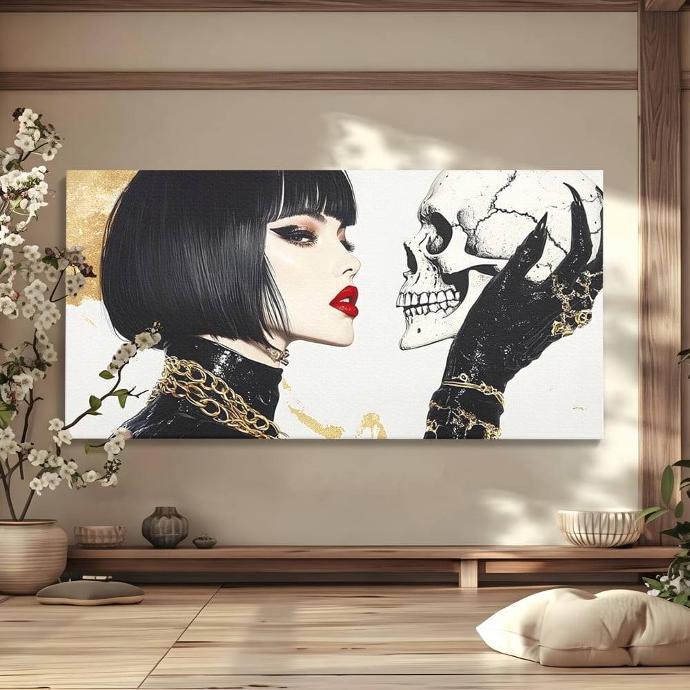 Leinwandbilder Premium, LuxCanva® G1141, Jenseits der Zeit, Leben, Skelette, Schädel, Reflexion, Symbolismus, Gotik, Dualität, Unsterblichkeit, Glamour, Mysteriös, Stille, Büro, Wohnen