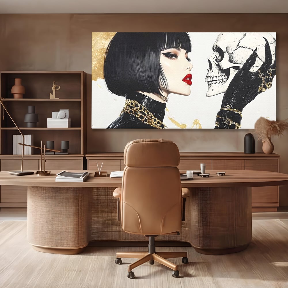 Leinwandbilder Premium, LuxCanva® G1141, Jenseits der Zeit, Leben, Skelette, Schädel, Reflexion, Symbolismus, Gotik, Dualität, Unsterblichkeit, Glamour, Mysteriös, Stille, Büro, Wohnen