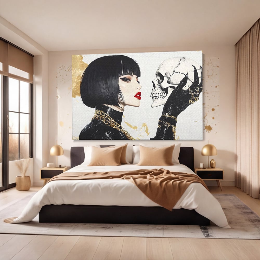 Leinwandbilder Premium, LuxCanva® G1141, Jenseits der Zeit, Leben, Skelette, Schädel, Reflexion, Symbolismus, Gotik, Dualität, Unsterblichkeit, Glamour, Mysteriös, Stille, Büro, Wohnen