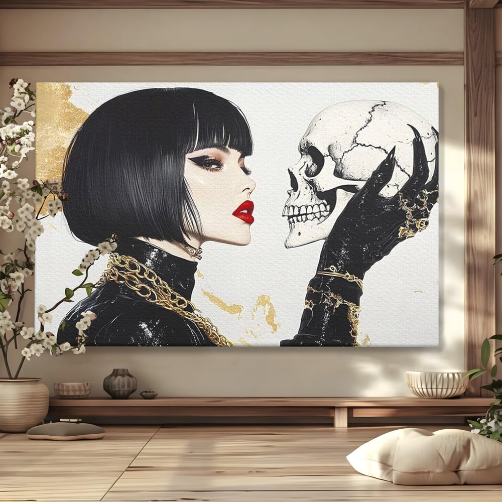 Leinwandbilder Premium, LuxCanva® G1141, Jenseits der Zeit, Leben, Skelette, Schädel, Reflexion, Symbolismus, Gotik, Dualität, Unsterblichkeit, Glamour, Mysteriös, Stille, Büro, Wohnen