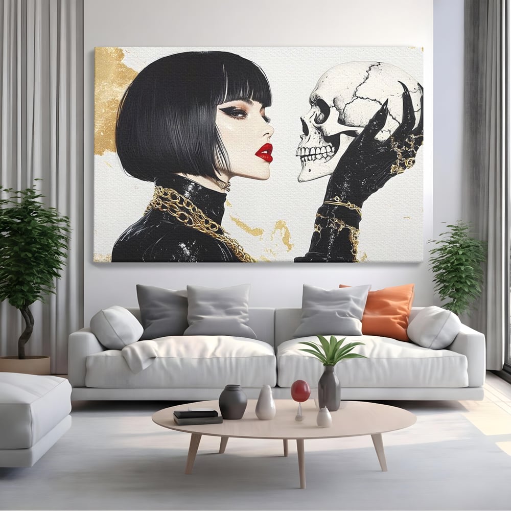 Leinwandbilder Premium, LuxCanva® G1141, Jenseits der Zeit, Leben, Skelette, Schädel, Reflexion, Symbolismus, Gotik, Dualität, Unsterblichkeit, Glamour, Mysteriös, Stille, Büro, Wohnen