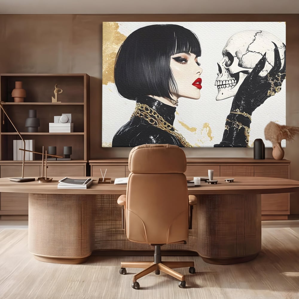 Leinwandbilder Premium, LuxCanva® G1141, Jenseits der Zeit, Leben, Skelette, Schädel, Reflexion, Symbolismus, Gotik, Dualität, Unsterblichkeit, Glamour, Mysteriös, Stille, Büro, Wohnen
