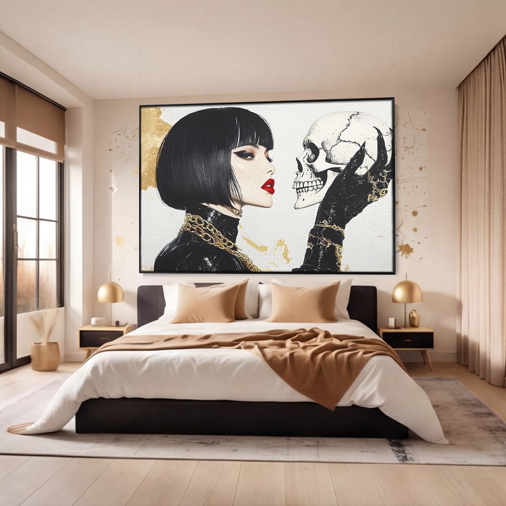 Leinwandbilder Premium, LuxCanva® G1141, Jenseits der Zeit, Leben, Skelette, Schädel, Reflexion, Symbolismus, Gotik, Dualität, Unsterblichkeit, Glamour, Mysteriös, Stille, Büro, Wohnen
