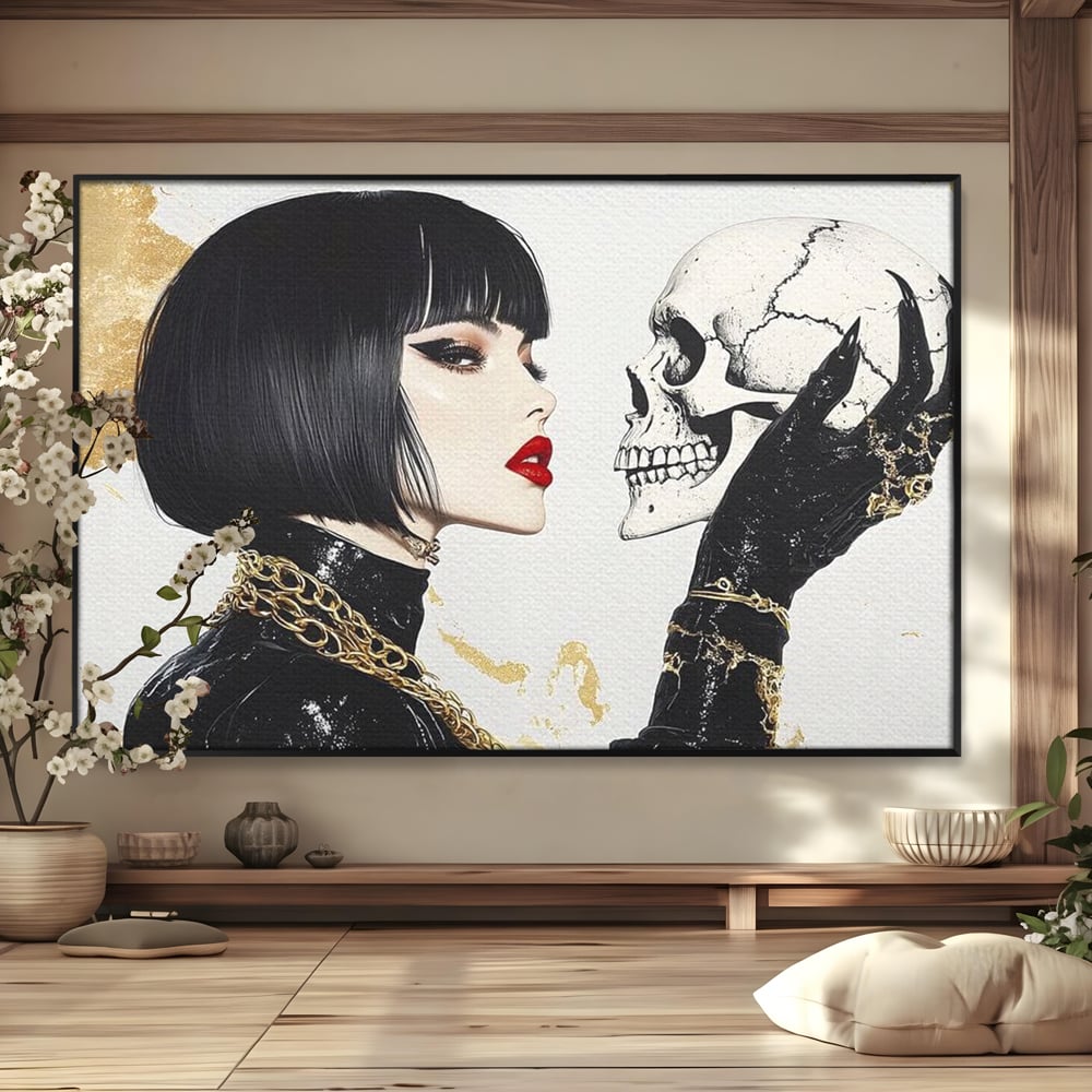 Leinwandbilder Premium, LuxCanva® G1141, Jenseits der Zeit, Leben, Skelette, Schädel, Reflexion, Symbolismus, Gotik, Dualität, Unsterblichkeit, Glamour, Mysteriös, Stille, Büro, Wohnen