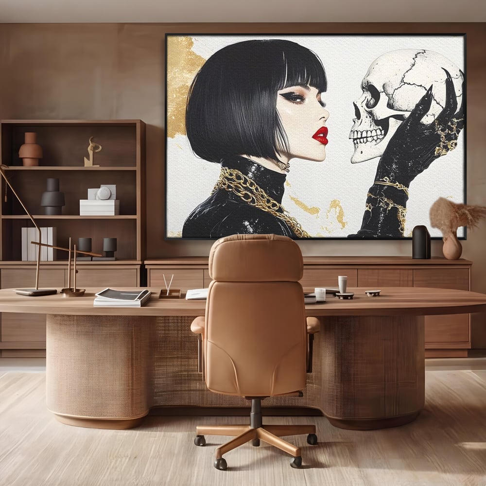 Leinwandbilder Premium, LuxCanva® G1141, Jenseits der Zeit, Leben, Skelette, Schädel, Reflexion, Symbolismus, Gotik, Dualität, Unsterblichkeit, Glamour, Mysteriös, Stille, Büro, Wohnen