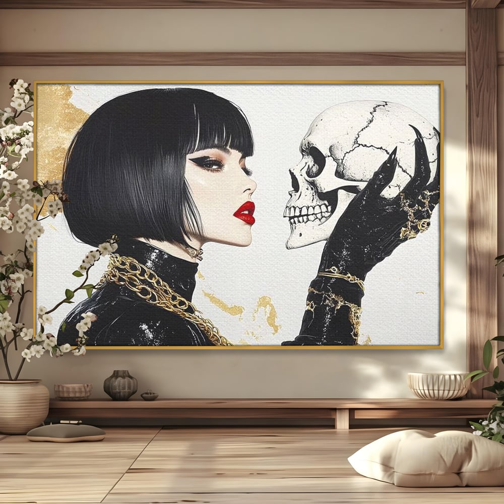 Leinwandbilder Premium, LuxCanva® G1141, Jenseits der Zeit, Leben, Skelette, Schädel, Reflexion, Symbolismus, Gotik, Dualität, Unsterblichkeit, Glamour, Mysteriös, Stille, Büro, Wohnen
