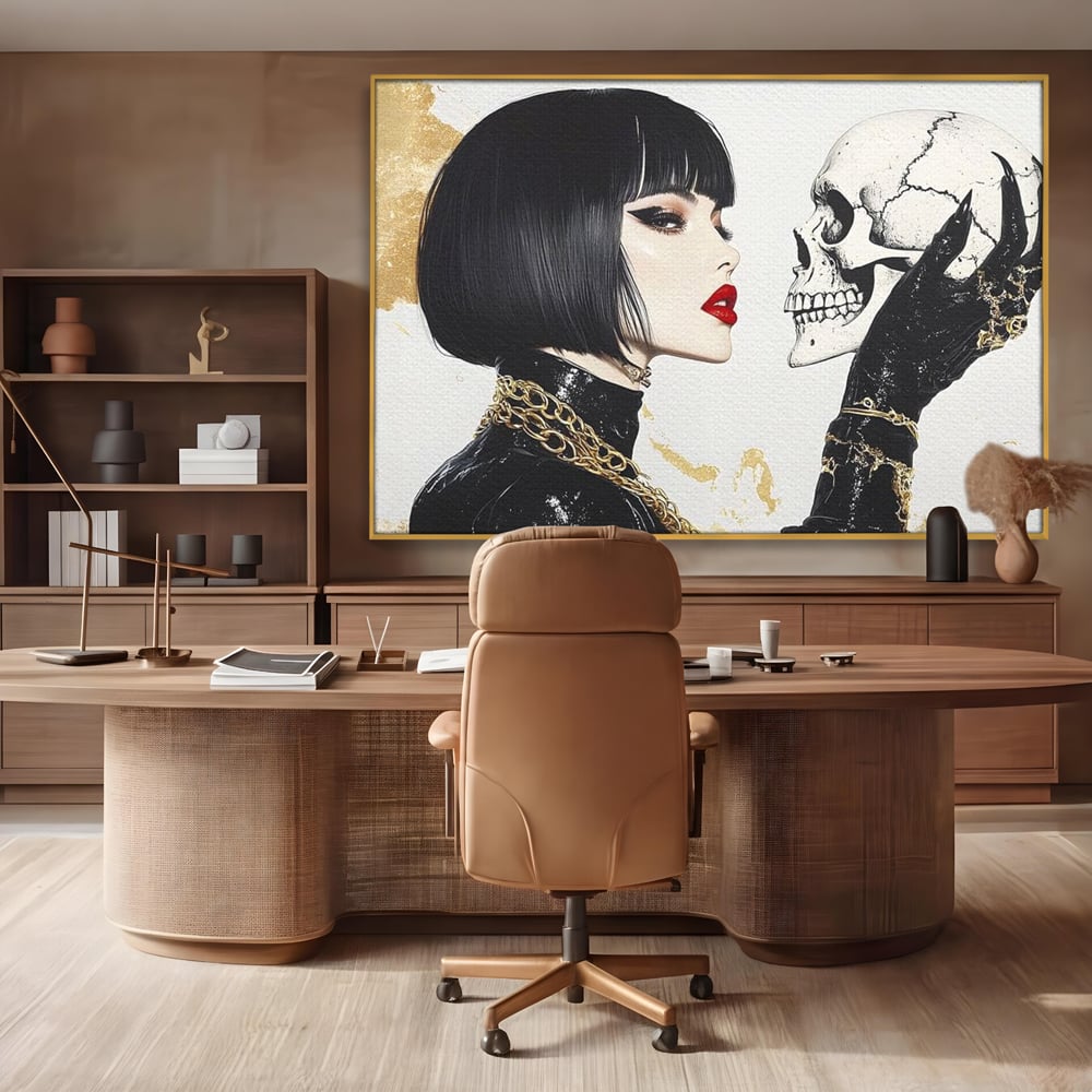 Leinwandbilder Premium, LuxCanva® G1141, Jenseits der Zeit, Leben, Skelette, Schädel, Reflexion, Symbolismus, Gotik, Dualität, Unsterblichkeit, Glamour, Mysteriös, Stille, Büro, Wohnen