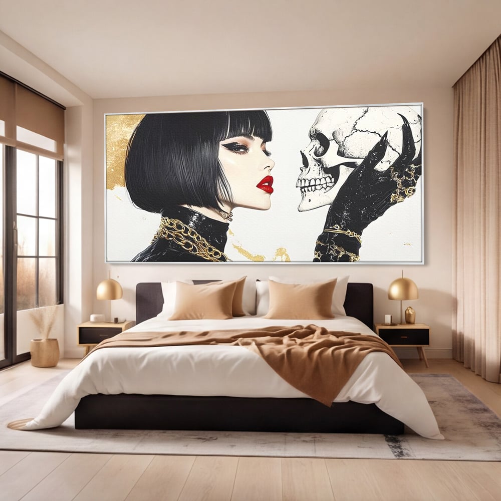 Leinwandbilder Premium, LuxCanva® G1141, Jenseits der Zeit, Leben, Skelette, Schädel, Reflexion, Symbolismus, Gotik, Dualität, Unsterblichkeit, Glamour, Mysteriös, Stille, Büro, Wohnen