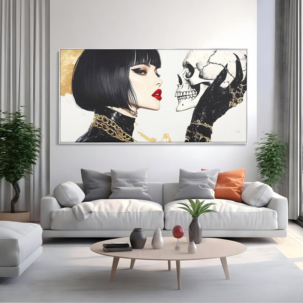Leinwandbilder Premium, LuxCanva® G1141, Jenseits der Zeit, Leben, Skelette, Schädel, Reflexion, Symbolismus, Gotik, Dualität, Unsterblichkeit, Glamour, Mysteriös, Stille, Büro, Wohnen
