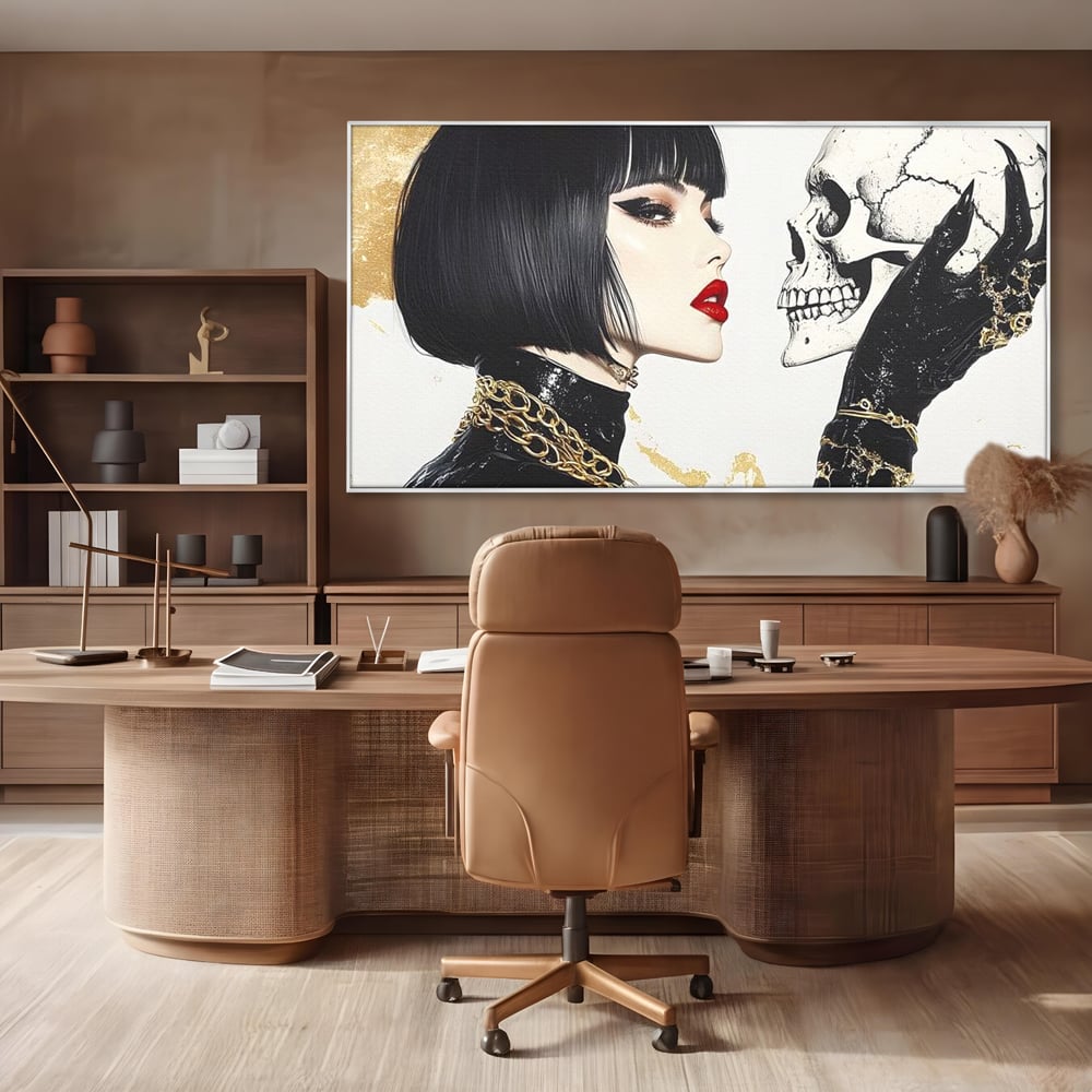 Leinwandbilder Premium, LuxCanva® G1141, Jenseits der Zeit, Leben, Skelette, Schädel, Reflexion, Symbolismus, Gotik, Dualität, Unsterblichkeit, Glamour, Mysteriös, Stille, Büro, Wohnen