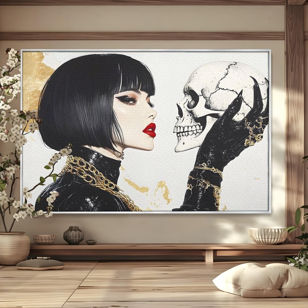 Leinwandbilder Premium, LuxCanva® G1141, Jenseits der Zeit, Leben, Skelette, Schädel, Reflexion, Symbolismus, Gotik, Dualität, Unsterblichkeit, Glamour, Mysteriös, Stille, Büro, Wohnen