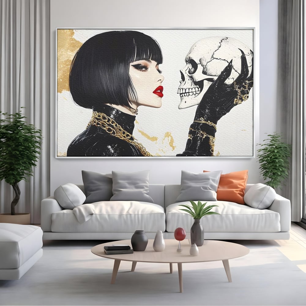 Leinwandbilder Premium, LuxCanva® G1141, Jenseits der Zeit, Leben, Skelette, Schädel, Reflexion, Symbolismus, Gotik, Dualität, Unsterblichkeit, Glamour, Mysteriös, Stille, Büro, Wohnen