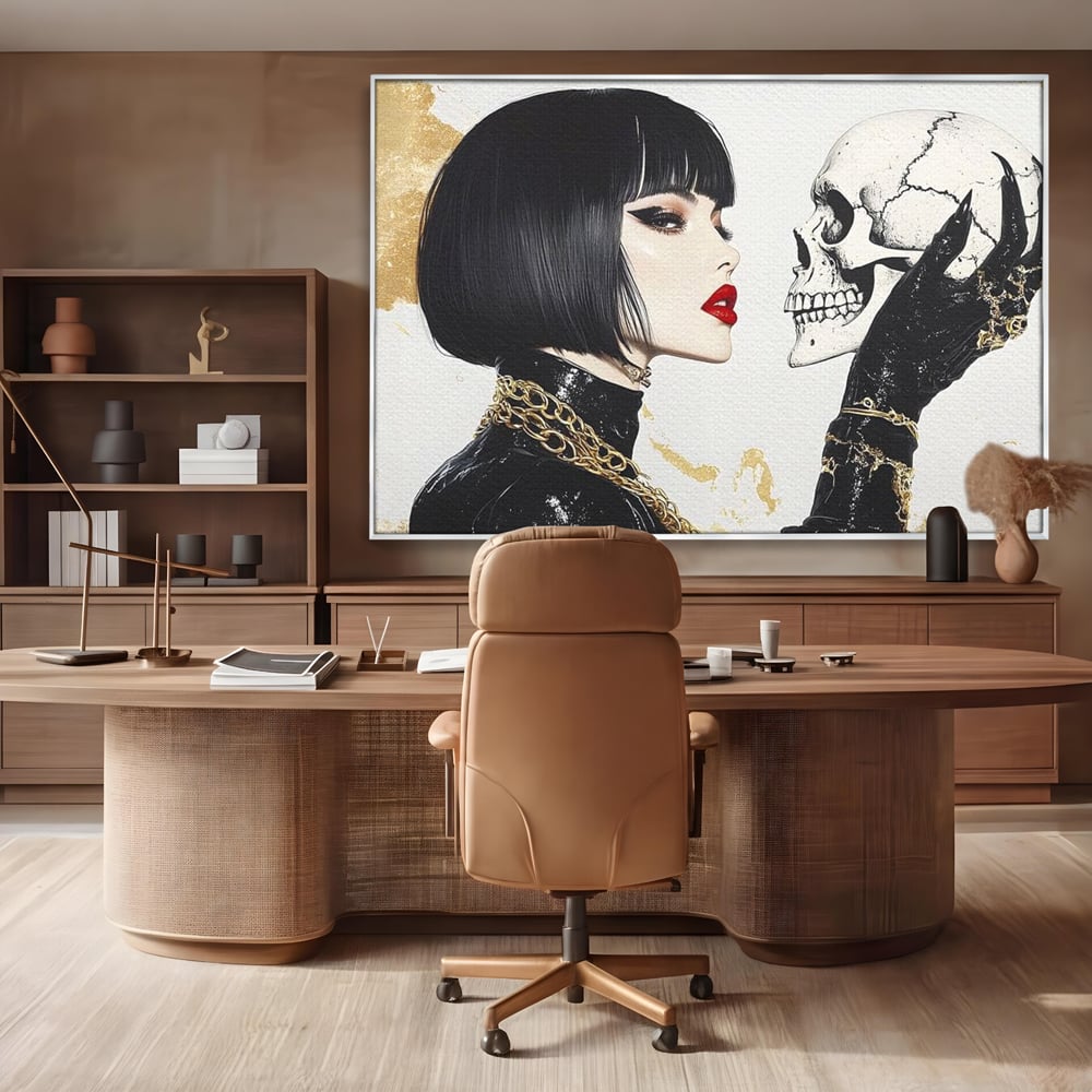 Leinwandbilder Premium, LuxCanva® G1141, Jenseits der Zeit, Leben, Skelette, Schädel, Reflexion, Symbolismus, Gotik, Dualität, Unsterblichkeit, Glamour, Mysteriös, Stille, Büro, Wohnen