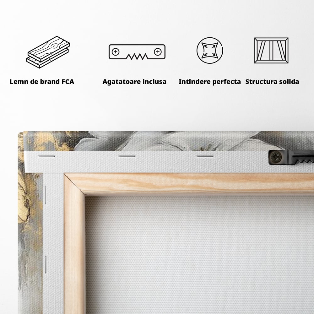 Tablou Canvas Premium, LuxCanva® G1142, Zeita Primaverii Eterne, Regina, Flori, Noblete, Aur, Puritate, Atemporal, Gratie, Aura, Senzualitate, Delicatete, Birou, Living
