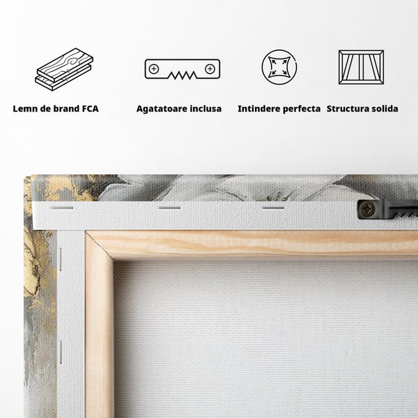 Tablou Canvas Premium, LuxCanva® G1142, Zeita Primaverii Eterne, Regina, Flori, Noblete, Aur, Puritate, Atemporal, Gratie, Aura, Senzualitate, Delicatete, Birou, Living