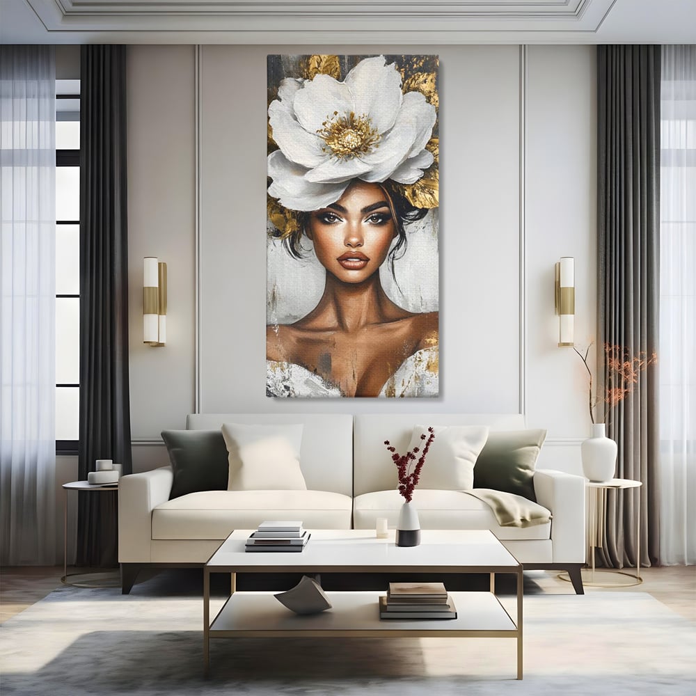 Tablou Canvas Premium, LuxCanva® G1142, Zeita Primaverii Eterne, Regina, Flori, Noblete, Aur, Puritate, Atemporal, Gratie, Aura, Senzualitate, Delicatete, Birou, Living
