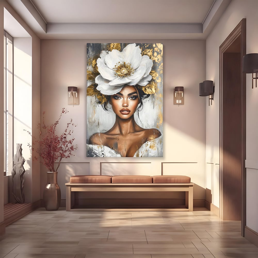 Tablou Canvas Premium, LuxCanva® G1142, Zeita Primaverii Eterne, Regina, Flori, Noblete, Aur, Puritate, Atemporal, Gratie, Aura, Senzualitate, Delicatete, Birou, Living