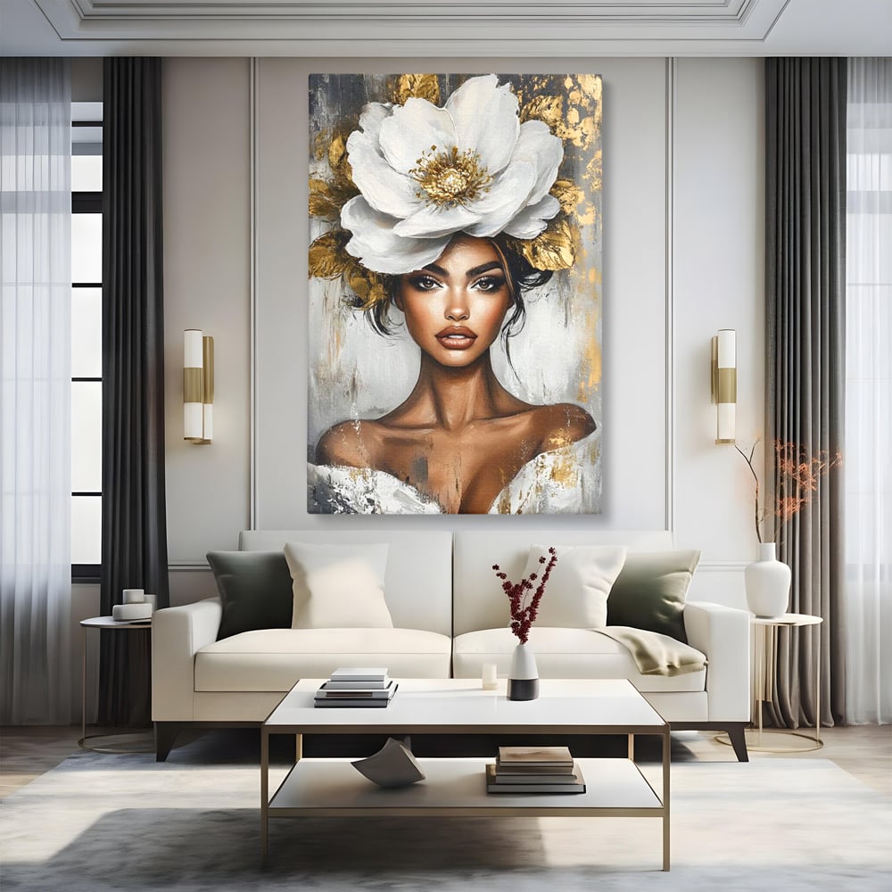 Tablou Canvas Premium, LuxCanva® G1142, Zeita Primaverii Eterne, Regina, Flori, Noblete, Aur, Puritate, Atemporal, Gratie, Aura, Senzualitate, Delicatete, Birou, Living
