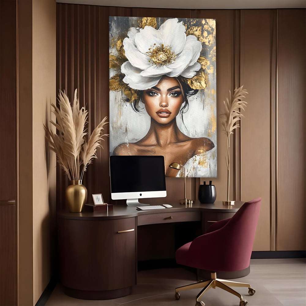 Tablou Canvas Premium, LuxCanva® G1142, Zeita Primaverii Eterne, Regina, Flori, Noblete, Aur, Puritate, Atemporal, Gratie, Aura, Senzualitate, Delicatete, Birou, Living