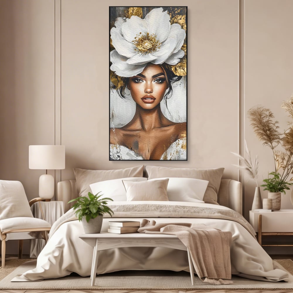 Tablou Canvas Premium, LuxCanva® G1142, Zeita Primaverii Eterne, Regina, Flori, Noblete, Aur, Puritate, Atemporal, Gratie, Aura, Senzualitate, Delicatete, Birou, Living