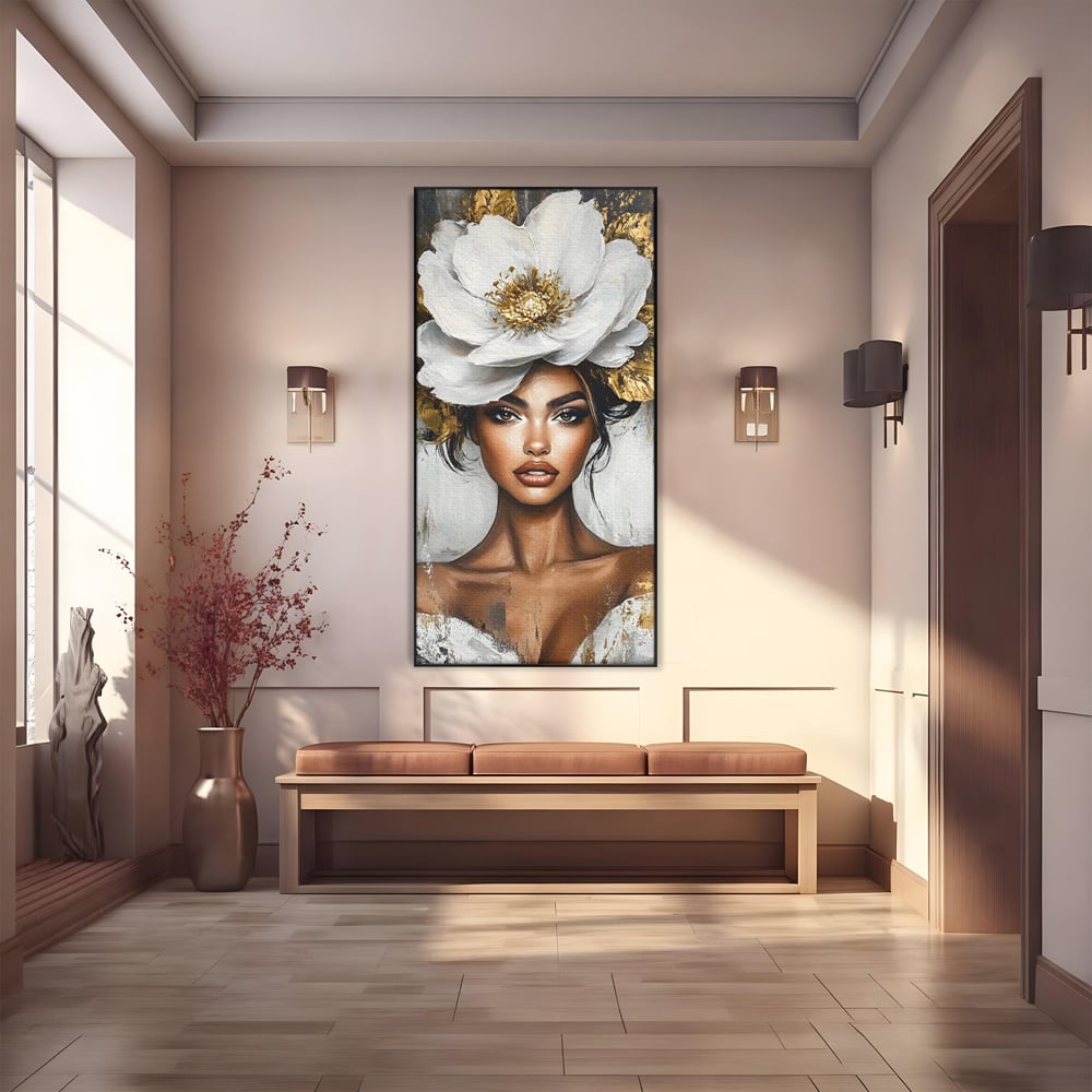 Tablou Canvas Premium, LuxCanva® G1142, Zeita Primaverii Eterne, Regina, Flori, Noblete, Aur, Puritate, Atemporal, Gratie, Aura, Senzualitate, Delicatete, Birou, Living