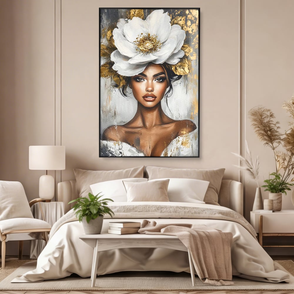 Tablou Canvas Premium, LuxCanva® G1142, Zeita Primaverii Eterne, Regina, Flori, Noblete, Aur, Puritate, Atemporal, Gratie, Aura, Senzualitate, Delicatete, Birou, Living