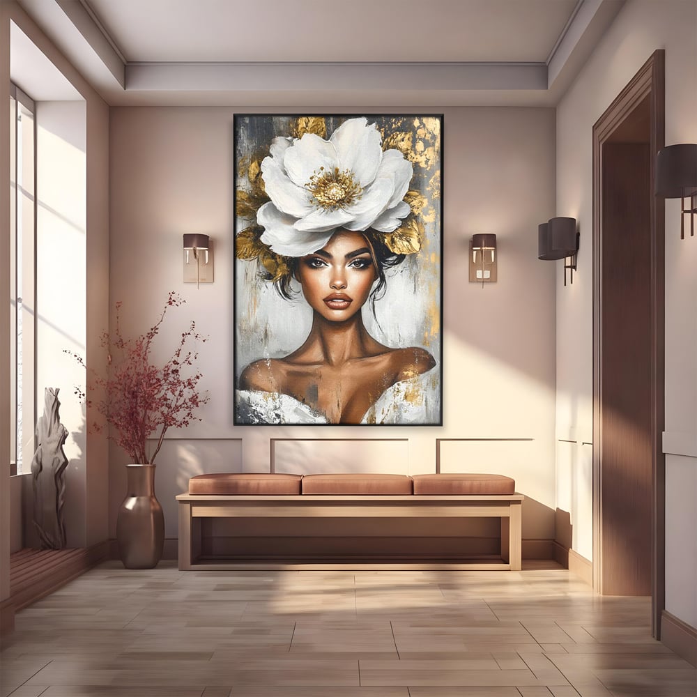 Tablou Canvas Premium, LuxCanva® G1142, Zeita Primaverii Eterne, Regina, Flori, Noblete, Aur, Puritate, Atemporal, Gratie, Aura, Senzualitate, Delicatete, Birou, Living
