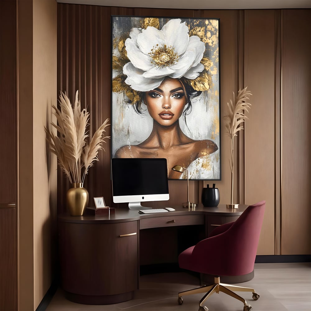 Tablou Canvas Premium, LuxCanva® G1142, Zeita Primaverii Eterne, Regina, Flori, Noblete, Aur, Puritate, Atemporal, Gratie, Aura, Senzualitate, Delicatete, Birou, Living