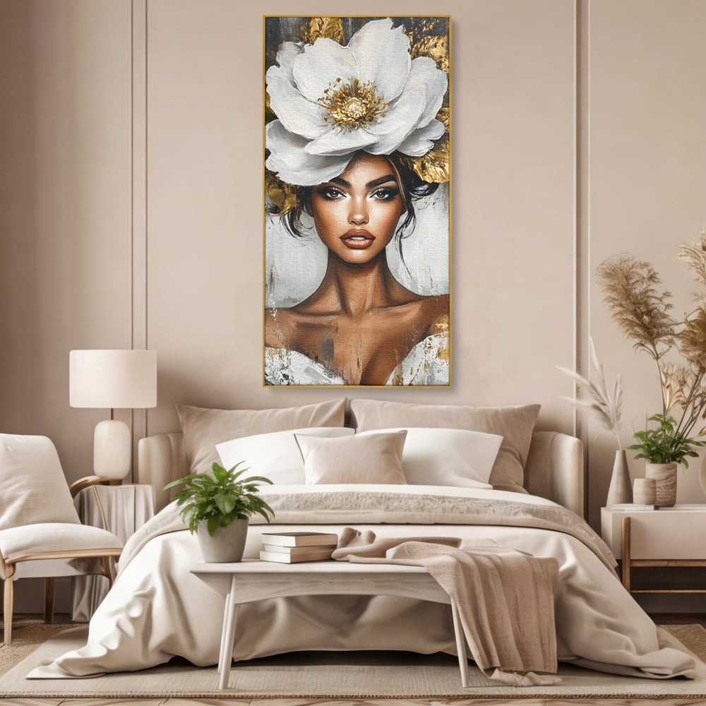 Tablou Canvas Premium, LuxCanva® G1142, Zeita Primaverii Eterne, Regina, Flori, Noblete, Aur, Puritate, Atemporal, Gratie, Aura, Senzualitate, Delicatete, Birou, Living