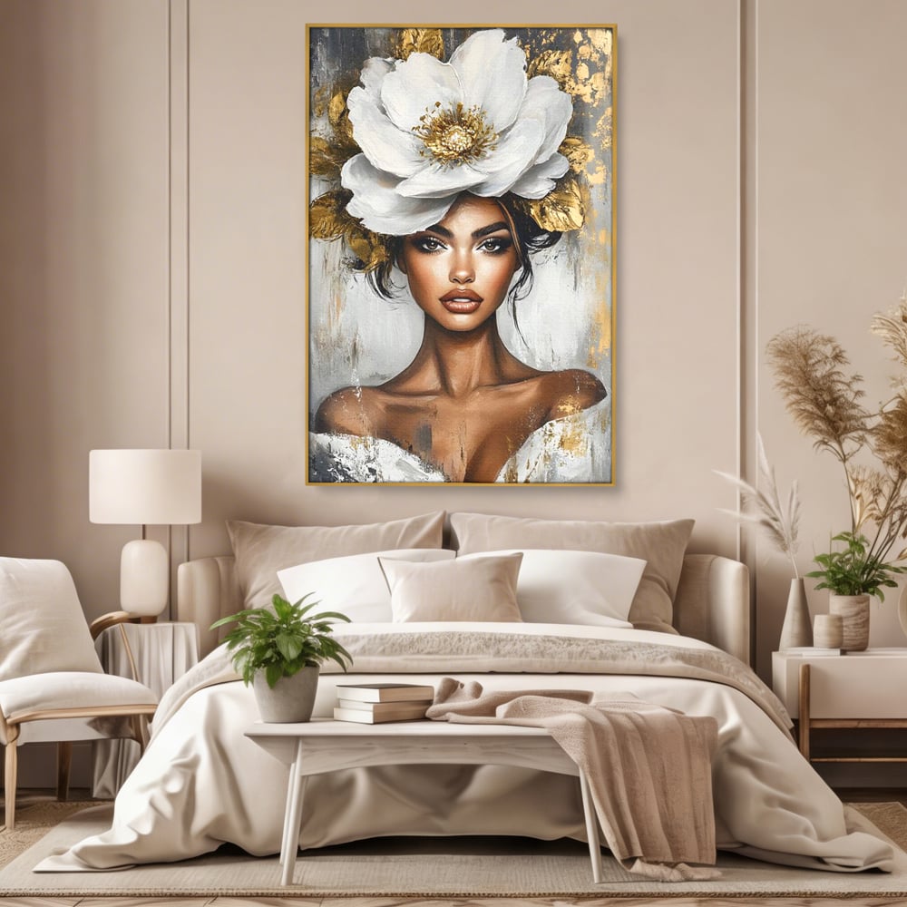 Tablou Canvas Premium, LuxCanva® G1142, Zeita Primaverii Eterne, Regina, Flori, Noblete, Aur, Puritate, Atemporal, Gratie, Aura, Senzualitate, Delicatete, Birou, Living