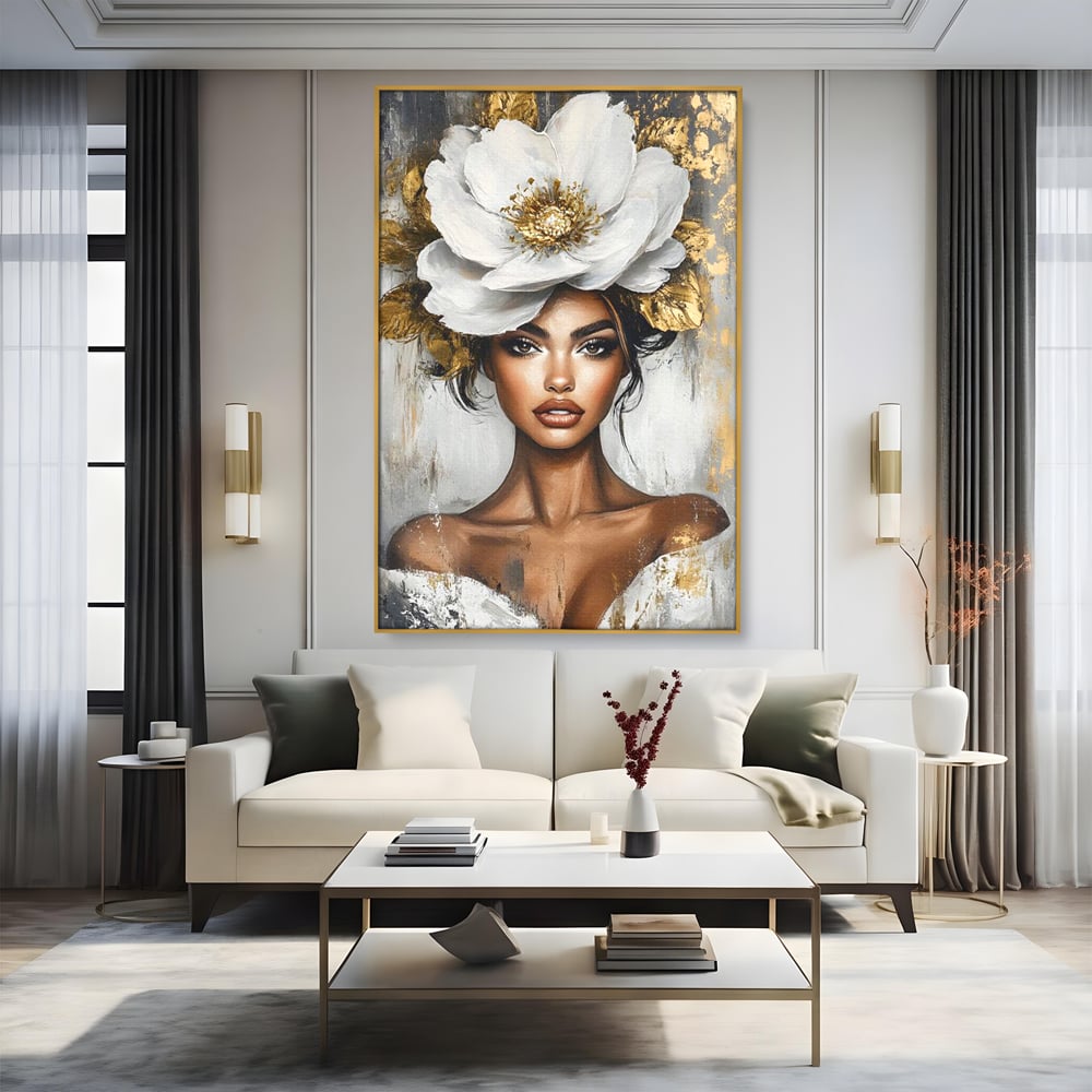 Tablou Canvas Premium, LuxCanva® G1142, Zeita Primaverii Eterne, Regina, Flori, Noblete, Aur, Puritate, Atemporal, Gratie, Aura, Senzualitate, Delicatete, Birou, Living