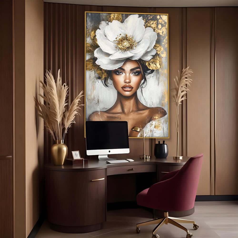 Tablou Canvas Premium, LuxCanva® G1142, Zeita Primaverii Eterne, Regina, Flori, Noblete, Aur, Puritate, Atemporal, Gratie, Aura, Senzualitate, Delicatete, Birou, Living