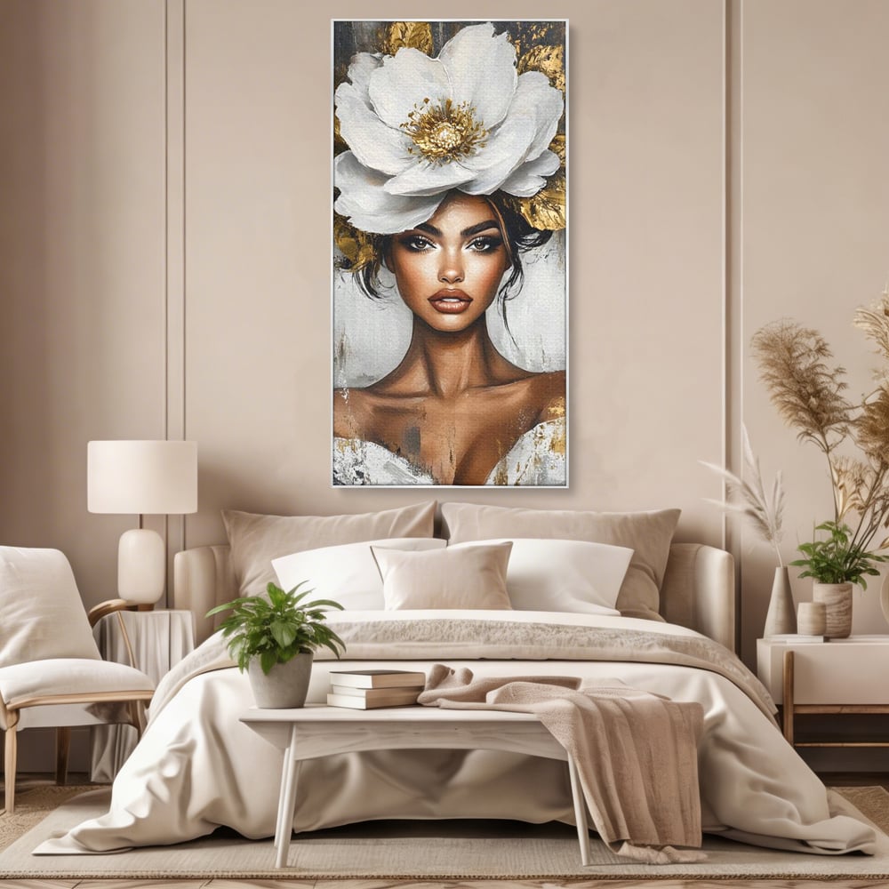 Tablou Canvas Premium, LuxCanva® G1142, Zeita Primaverii Eterne, Regina, Flori, Noblete, Aur, Puritate, Atemporal, Gratie, Aura, Senzualitate, Delicatete, Birou, Living