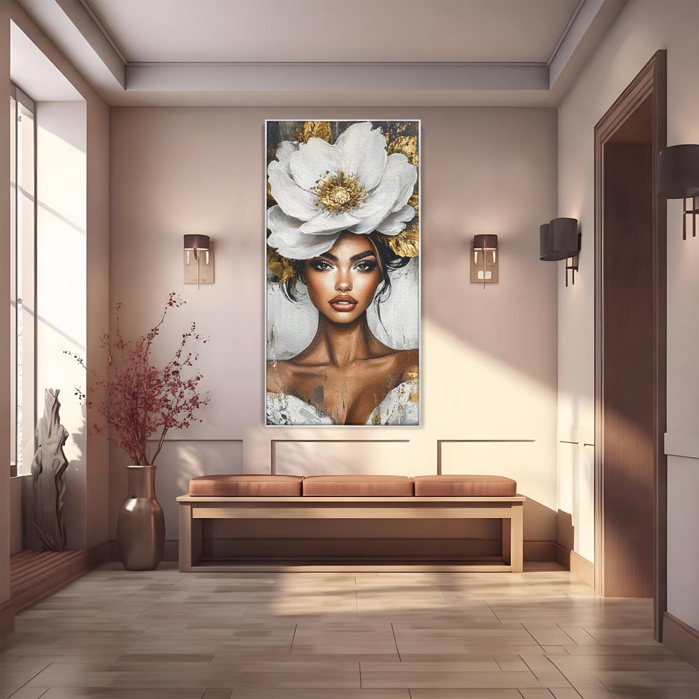 Tablou Canvas Premium, LuxCanva® G1142, Zeita Primaverii Eterne, Regina, Flori, Noblete, Aur, Puritate, Atemporal, Gratie, Aura, Senzualitate, Delicatete, Birou, Living