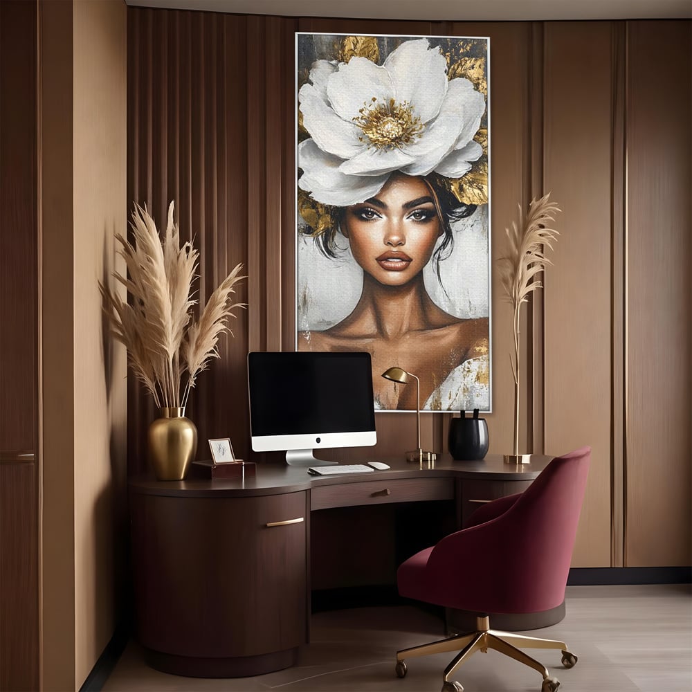 Tablou Canvas Premium, LuxCanva® G1142, Zeita Primaverii Eterne, Regina, Flori, Noblete, Aur, Puritate, Atemporal, Gratie, Aura, Senzualitate, Delicatete, Birou, Living