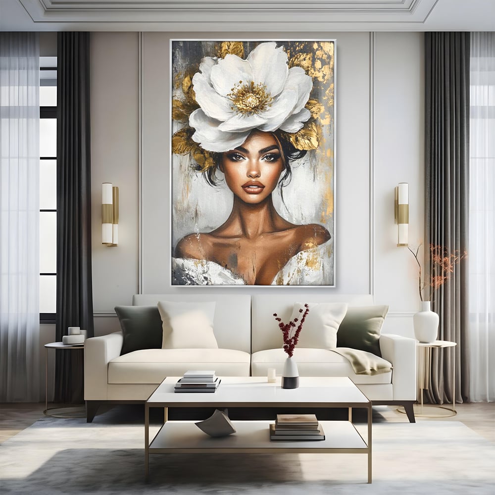 Tablou Canvas Premium, LuxCanva® G1142, Zeita Primaverii Eterne, Regina, Flori, Noblete, Aur, Puritate, Atemporal, Gratie, Aura, Senzualitate, Delicatete, Birou, Living