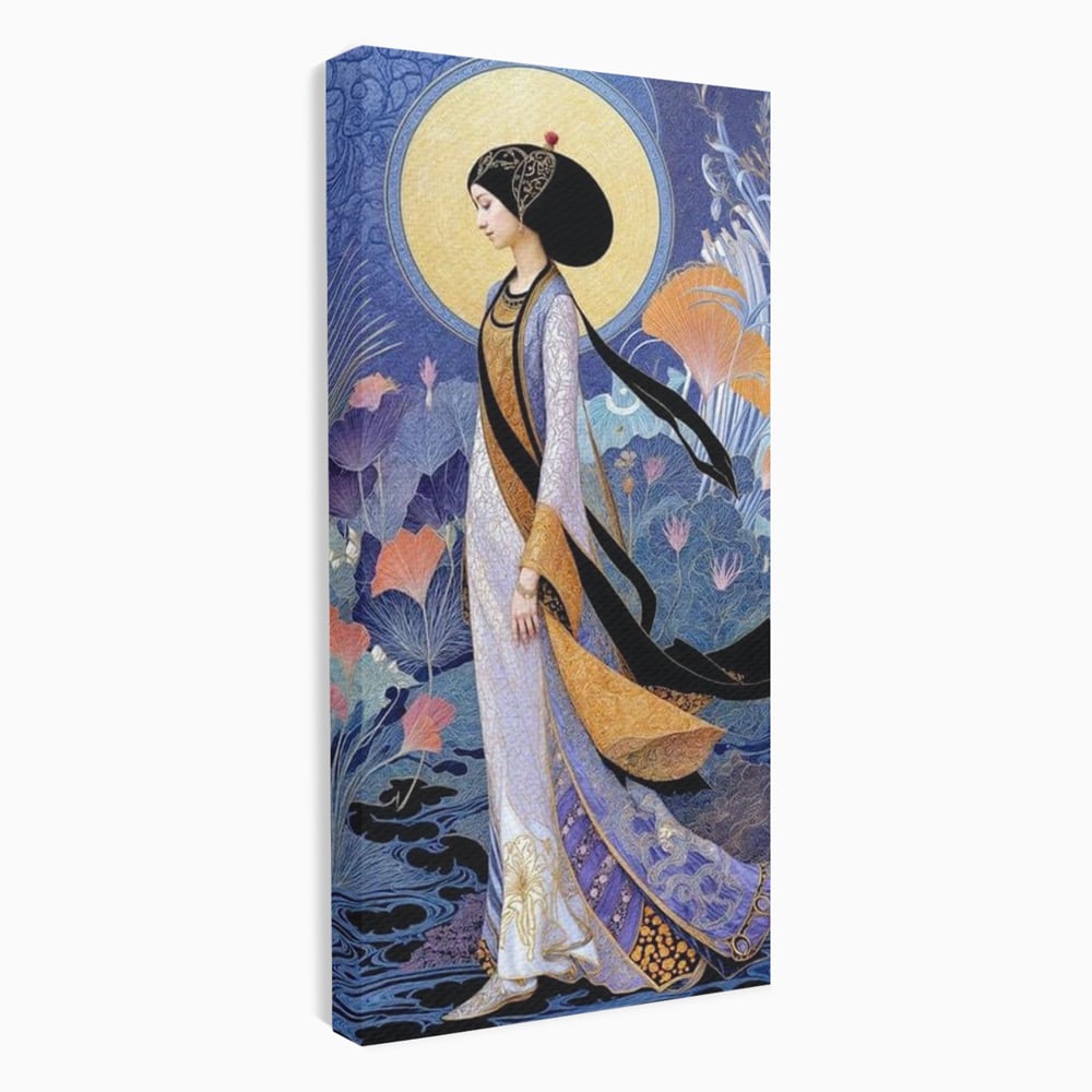 Tablou Canvas Premium, LuxCanva® G1145, Regina Gradinii Lunare, Lady, Luna, Flori, Eleganta, Oriental, Lotus, Rafinat, Art Nouveau, Mistic, Visare, Plimbare, Birou, Living